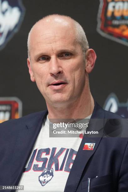 Head coach Dan Hurley of The Connecticut Huskies addresses the media after the NCAA Mens Basketball Tournament Final Four semifinal game against the...