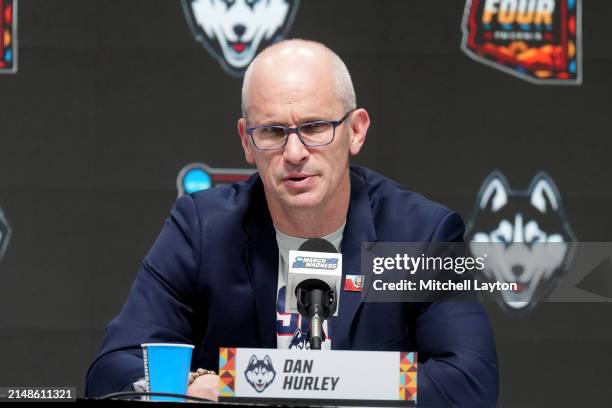 Head coach Dan Hurley of The Connecticut Huskies addresses the media after the NCAA Mens Basketball Tournament Final Four semifinal game against the...