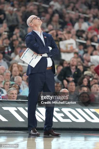 Head coach Dan Hurley of The Connecticut Huskies looks on during the NCAA Mens Basketball Tournament Final Four semifinal game against the Alabama...