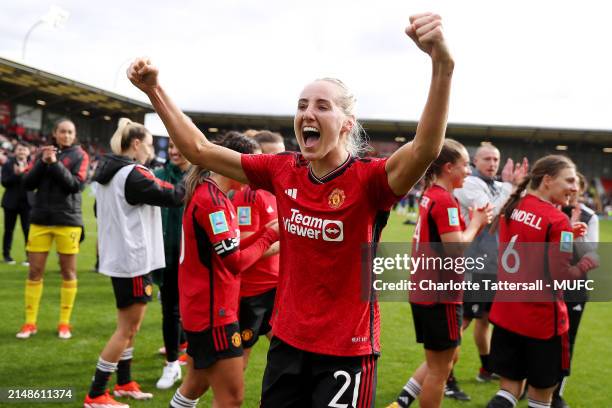 Millie Turner of Manchester United Women celebrates the team's victory after the Adobe Women's FA Cup Semi Final match between Manchester United...