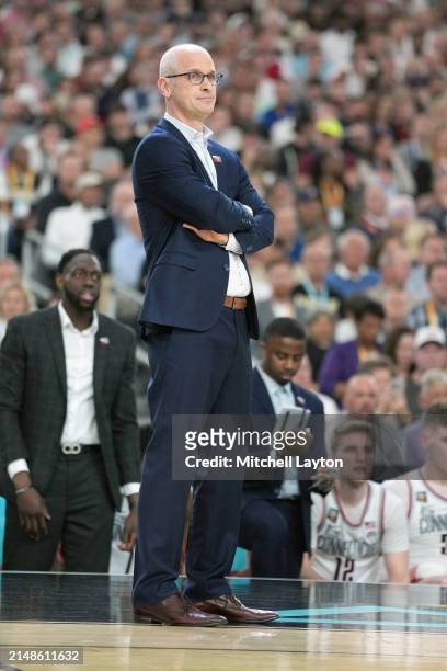 Head coach Dan Hurley of The Connecticut Huskies looks on during the NCAA Mens Basketball Tournament Final Four semifinal game against the Alabama...