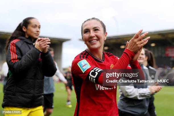 Phallon Tullis-Joyce and Katie Zelem of Manchester United Women celebrate the team's victory after the Adobe Women's FA Cup Semi Final match between...