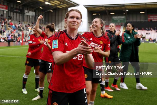 Maya Le Tissier and Aoife Mannion of Manchester United Women celebrate the team's victory after the Adobe Women's FA Cup Semi Final match between...