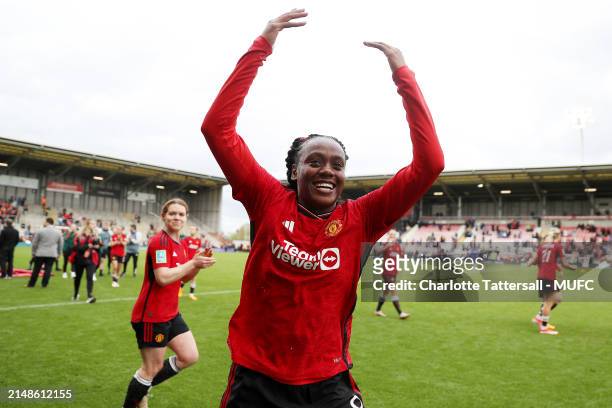 Melvine Mallard of Manchester United Women celebrates the team's victory after the Adobe Women's FA Cup Semi Final match between Manchester United...