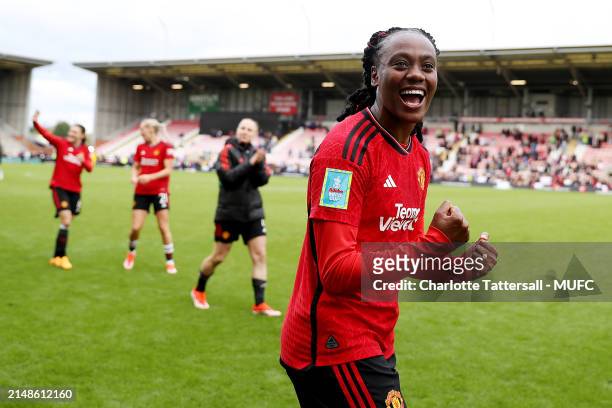 Melvine Mallard of Manchester United Women celebrates the team's victory after the Adobe Women's FA Cup Semi Final match between Manchester United...