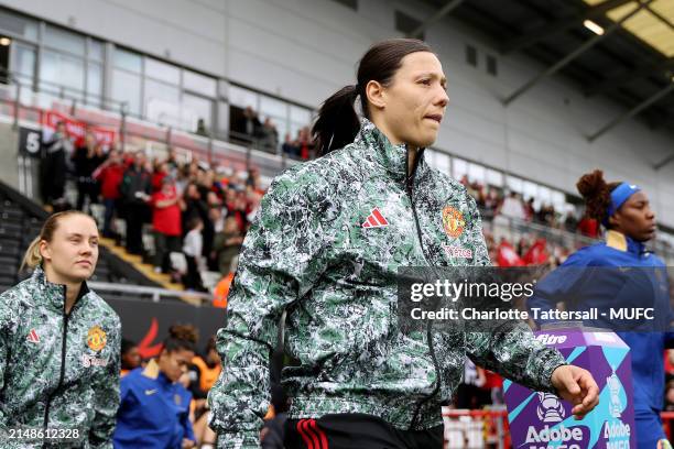 Rachel Williams of Manchester United Women walks out ahead of the Adobe Women's FA Cup Semi Final match between Manchester United Women and Chelsea...