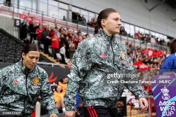 Hannah Blundell of Manchester United Women walks out ahead of the Adobe Women's FA Cup Semi Final match between Manchester United Women and Chelsea...