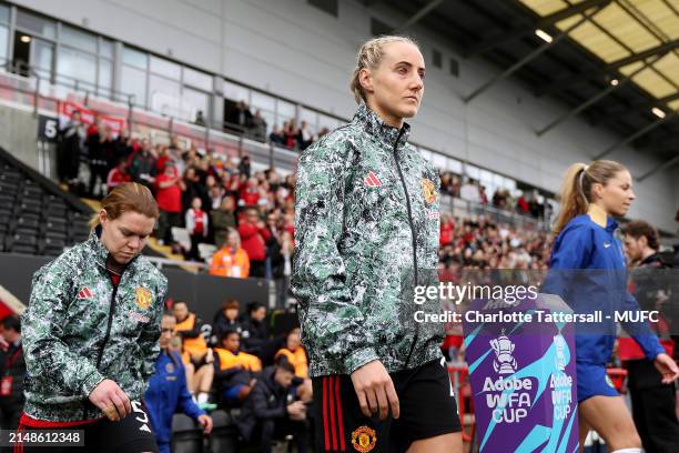 Millie Turner of Manchester United Women walks out ahead of the Adobe Women's FA Cup Semi Final match between Manchester United Women and Chelsea...