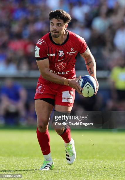 Romain Ntamack of Toulouse runs with the ball during the Investec Champions Cup Quarter Final match between Stade Toulousain and Exeter Chiefs at...