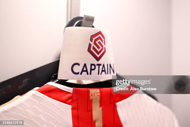 The captain's armband is seen on the hanger of Kim Little inside the Arsenal dressing room prior to the Barclays Women´s Super League match between...