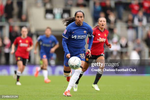 Mayra Ramirez of Chelsea Women in action during the Adobe Women's FA Cup Semi Final match between Manchester United and Chelsea at Leigh Sports...