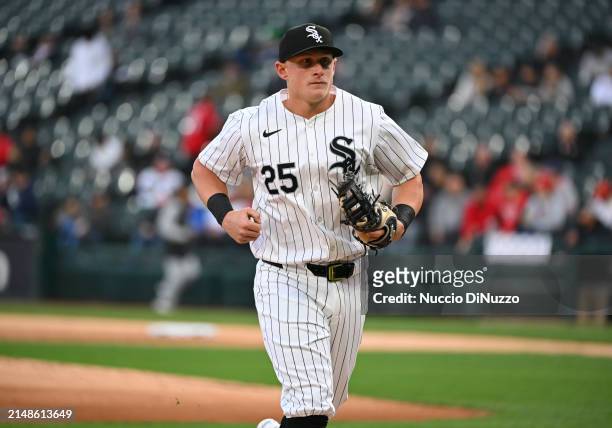 Andrew Vaughn of the Chicago White Sox reacts after the first inning against the Cincinnati Reds at Guaranteed Rate Field on April 12, 2024 in...