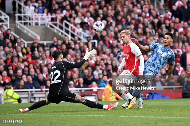 Ollie Watkins of Aston Villa scores his team's second goal during the Premier League match between Arsenal FC and Aston Villa at Emirates Stadium on...