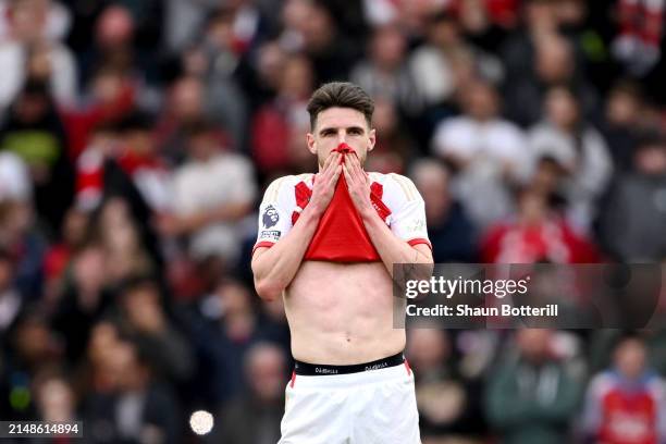 Declan Rice of Arsenal looks dejected after conceding their team's second goal which was scored by Ollie Watkins of Aston Villa (not pictured during...