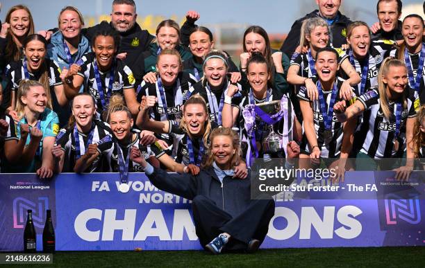 Amanda Staveley, Co-Owner of Newcastle United, and players of Newcastle United, pose for a photo with The FA Women's National League Northern Premier...