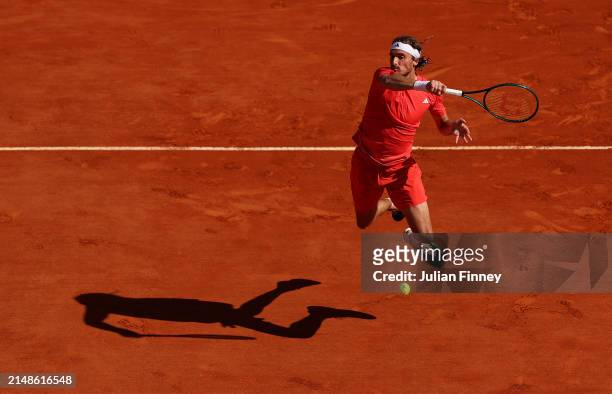 Stefanos Tsitsipas of Greece plays a forehand against Casper Ruud of Norway during the Men's Double's Final on day eight of the Rolex Monte-Carlo...