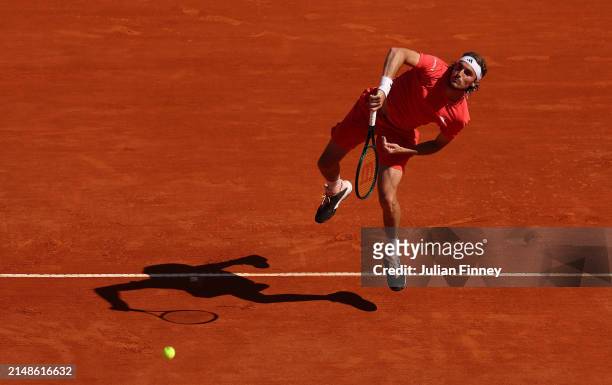 Stefanos Tsitsipas of Greece in action against Casper Ruud of Norway during the Men's Double's Final on day eight of the Rolex Monte-Carlo Masters at...