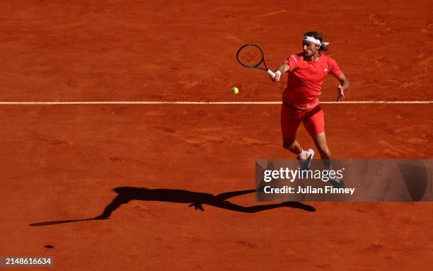 Stefanos Tsitsipas of Greece in action against Casper Ruud of Norway during the Men's Double's Final on day eight of the Rolex Monte-Carlo Masters at...