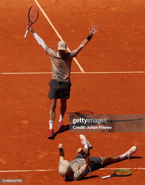 Joran Vliegen of Belgium and Sander Gille celebrate match point against Marcelo Melo of Brazil and Alexander Zverev of Germany during the Men’s...