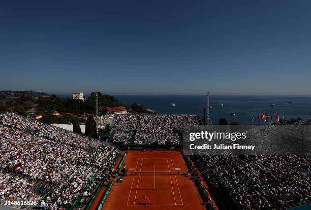 General view of Stefanos Tsitsipas of Greece in action against Casper Ruud of Norway during the Men's Final on day eight of the Rolex Monte-Carlo...