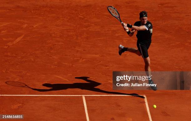 Casper Ruud of Norway in action against Stefanos Tsitsipas of Greece during the Men's Double's Final on day eight of the Rolex Monte-Carlo Masters at...