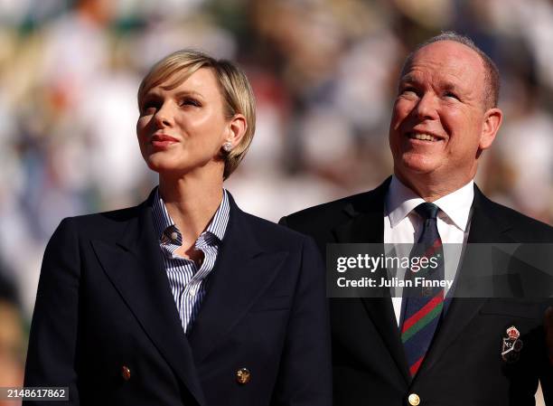 Charlene, Princess of Monaco and Prince Albert II of Monaco during the trophy presentation for the Men's Final on day eight of the Rolex Monte-Carlo...