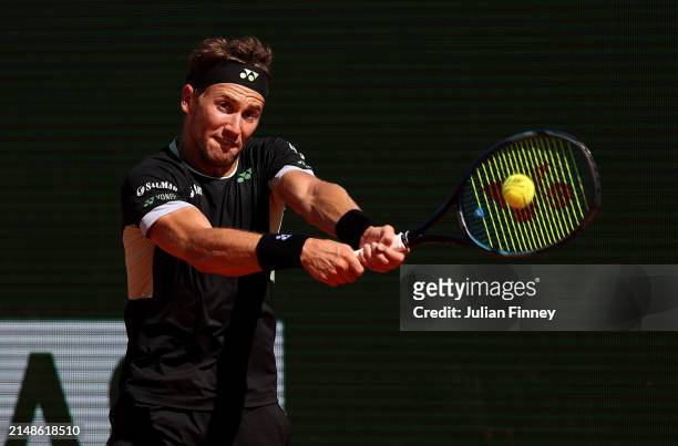 Casper Ruud of Norway in action against Stefanos Tsitsipas of Greece during the Men's Final on day eight of the Rolex Monte-Carlo Masters at...