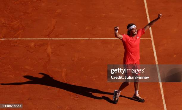 Stefanos Tsitsipas of Greece celebrates victory against Casper Ruud of Norway during the Men's Double's Final on day eight of the Rolex Monte-Carlo...