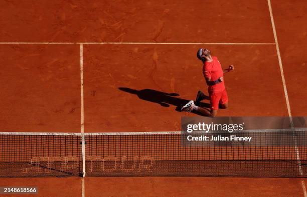 Stefanos Tsitsipas of Greece celebrates victory against Casper Ruud of Norway during the Men's Double's Final on day eight of the Rolex Monte-Carlo...