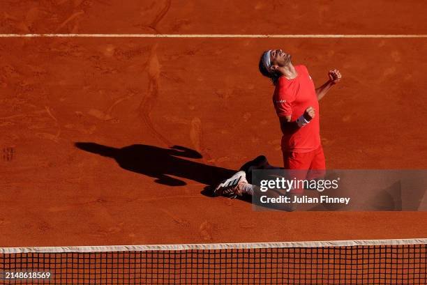 Stefanos Tsitsipas of Greece celebrates victory against Casper Ruud of Norway during the Men's Double's Final on day eight of the Rolex Monte-Carlo...