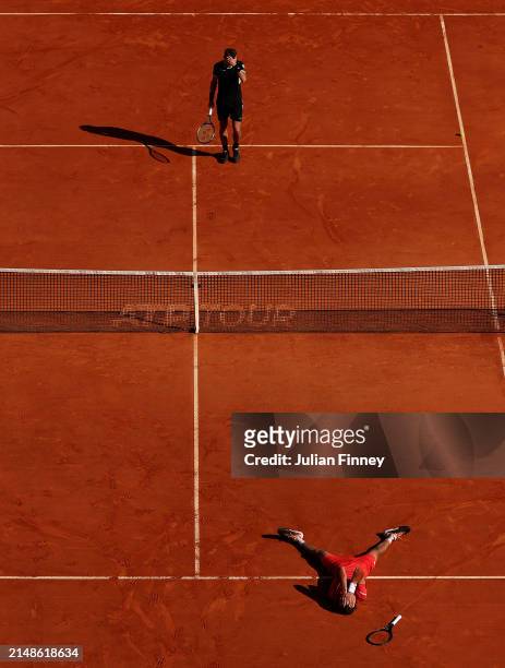 Stefanos Tsitsipas of Greece celebrates victory against Casper Ruud of Norway during the Men's Double's Final on day eight of the Rolex Monte-Carlo...