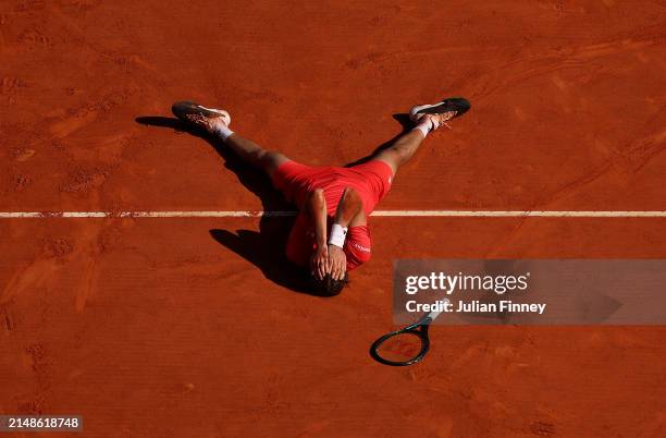 Stefanos Tsitsipas of Greece celebrates victory against Casper Ruud of Norway during the Men's Double's Final on day eight of the Rolex Monte-Carlo...