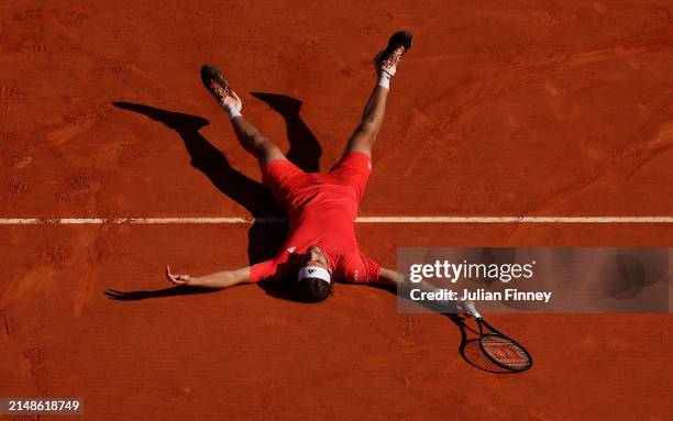 Stefanos Tsitsipas of Greece celebrates victory against Casper Ruud of Norway during the Men's Double's Final on day eight of the Rolex Monte-Carlo...