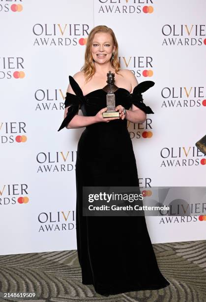 Sarah Snook, winner of the Best Actress award for "The Picture Of Dorian Gray", poses in the winners room at The Olivier Awards 2024 at The Royal...