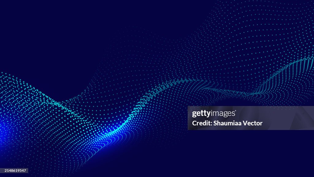 Abstrakte blau leuchtende Energiewellen aus gepunkteten Linienpartikeln mit Unschärfeeffekt auf dunklem Hintergrund. Futuristisches modernes Hintergrunddesign für Geschäft, Präsentation, Werbung, Banner, Website, Landingpage, Hintergrundbild und mehr