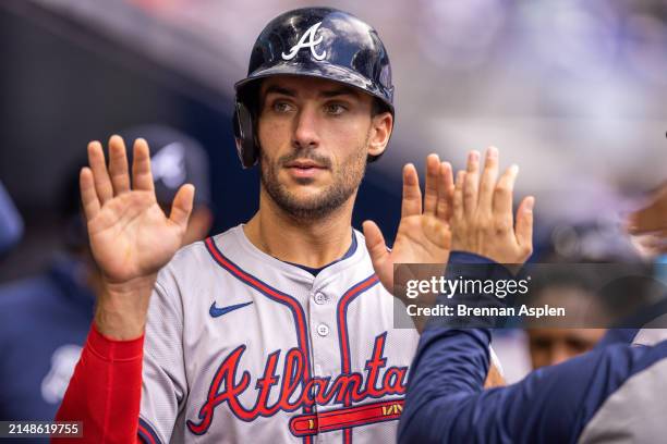 Matt Olson of the Atlanta Braves celebrates after scoring a run in the first inning against the Miami Marlins at loanDepot park on April 14, 2024 in...