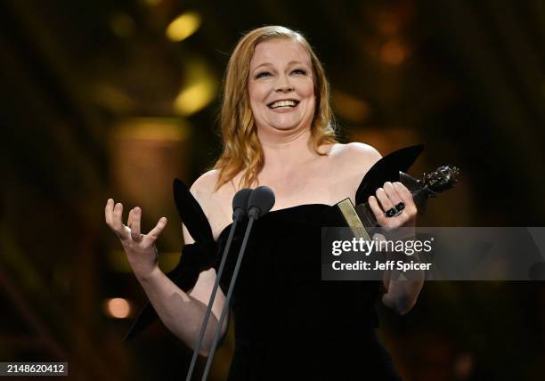 Sarah Snook with the Best Actress award on stage during The Olivier Awards 2024 at The Royal Albert Hall on April 14, 2024 in London, England.