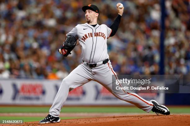 Blake Snell of the San Francisco Giants throws a pitch during the first inning against the Tampa Bay Rays at Tropicana Field on April 14, 2024 in St...