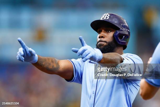 Randy Arozarena of the Tampa Bay Rays reacts after hitting an rbi single during the first inning against the San Francisco Giants at Tropicana Field...