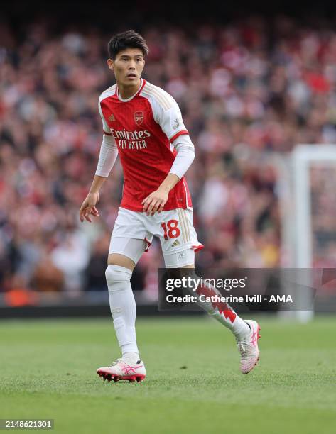 Takehiro Tomiyasu of Arsenal during the Premier League match between Arsenal FC and Aston Villa at Emirates Stadium on April 14, 2024 in London,...
