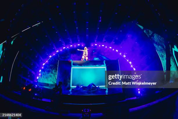 Grimes performs at the Sahara Stage at the 2024 Coachella Valley Music And Arts Festival weekend 1 day 2 at Empire Polo Club on April 13, 2024 in...