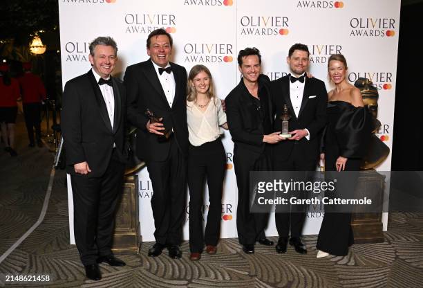 Presenters Michael Sheen and Anna Maxwell Martin pose with Simon Stephens, Rosanna Vize, Andrew Scott and Sam Yates, winners of the Best Revival...