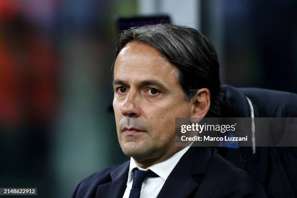 Simone Inzaghi, Head Coach of FC Internazionale, looks on prior to the Serie A TIM match between FC Internazionale and Cagliari at Stadio Giuseppe...