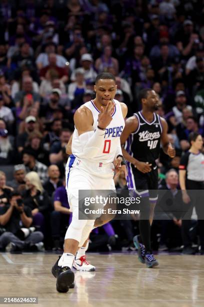 Russell Westbrook of the LA Clippers reacts during their game against the Sacramento Kings at Golden 1 Center on April 02, 2024 in Sacramento,...