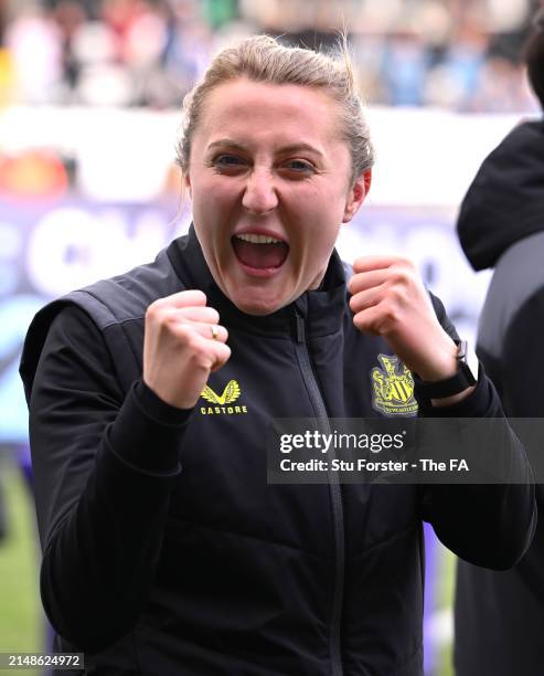 Becky Langley, Manager of Newcastle United celebrates after the FA Women's National League Northern Premier Division match between Newcastle United...