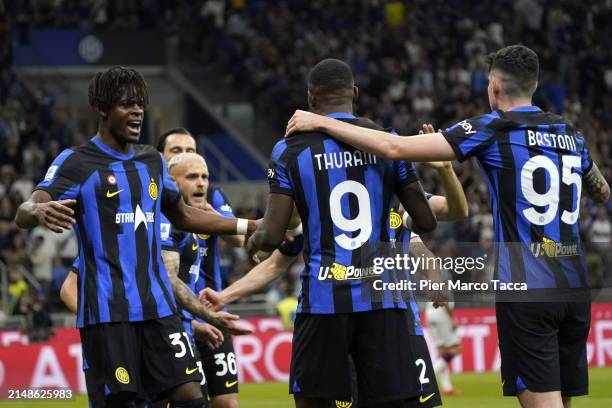 Marcus Thuram pf FC Internazionale celebrates his first goal during the Serie A TIM match between FC Internazionale and Cagliari at Stadio Giuseppe...
