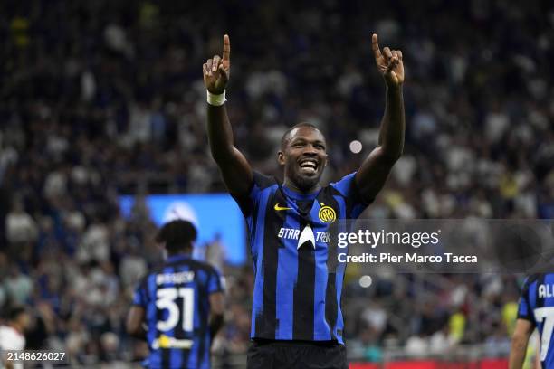 Marcus Thuram pf FC Internazionale celebrates his first goal during the Serie A TIM match between FC Internazionale and Cagliari at Stadio Giuseppe...