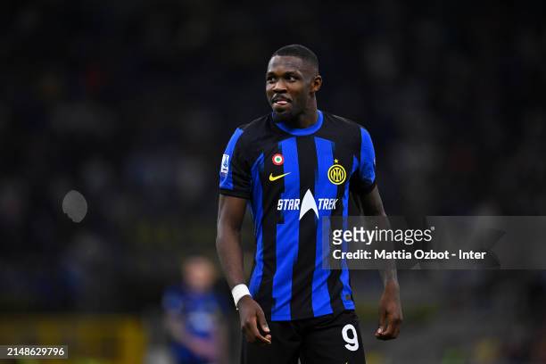 Marcus Thuram of FC Internazionale, in action, looks on during the Serie A TIM match between FC Internazionale and Cagliari at Stadio Giuseppe Meazza...