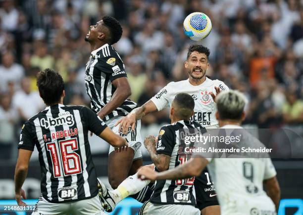 Gustavo Henrique of Corinthians heads the ball during a match between Corinthians and Atletico MG as part of Brasileirao Series A at Neo Quimica...
