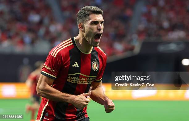 Daniel Ríos of Atlanta United reacts after scoring against the Philadelphia Union during the second half at Mercedes-Benz Stadium on April 14, 2024...